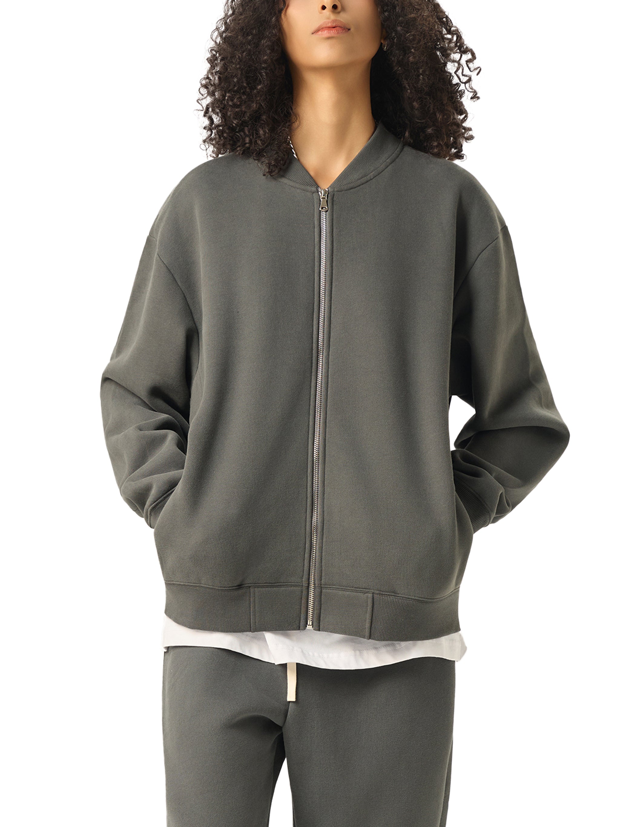 Essential Zip-Up Fleeced Varsity Jacket